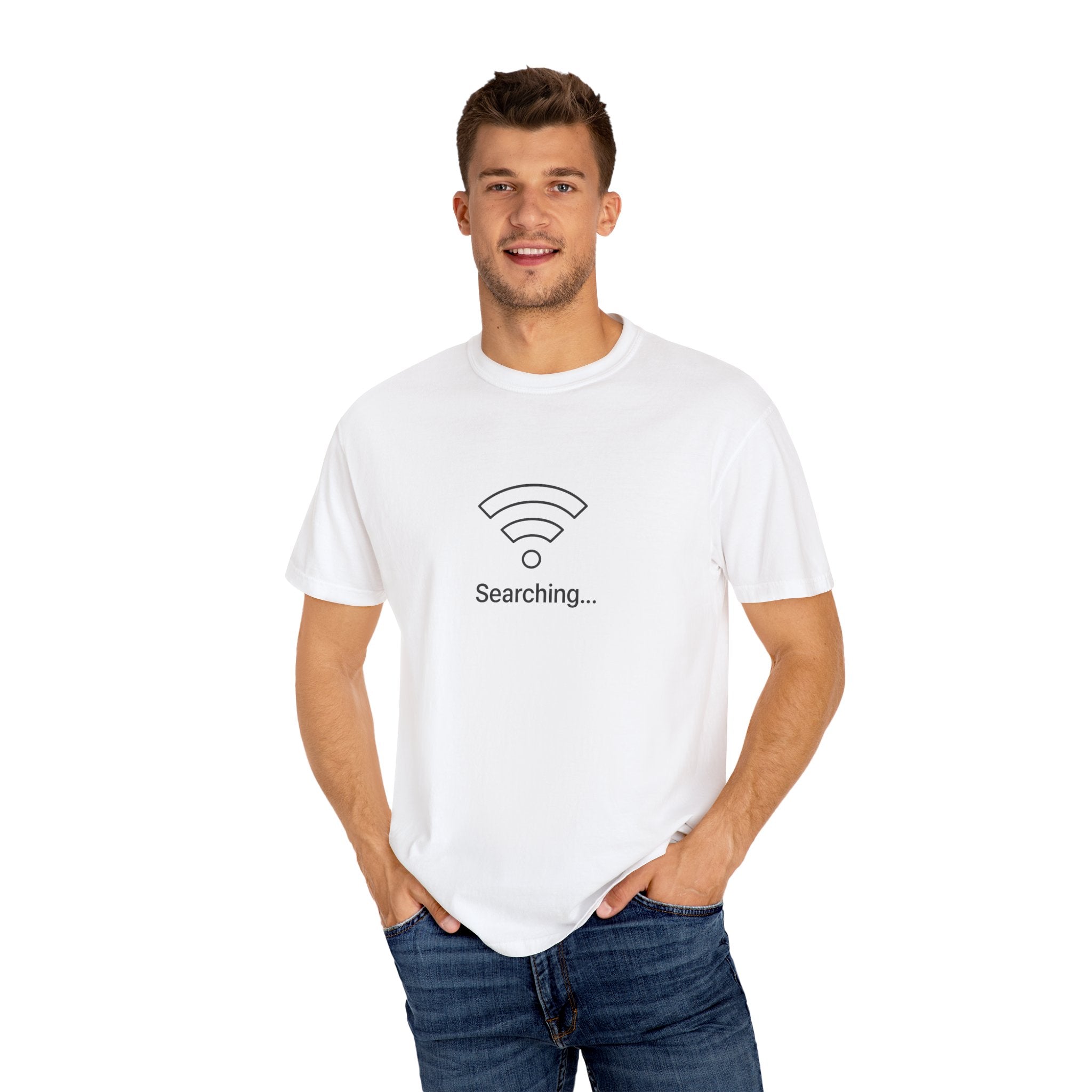 Searching... Unisex Garment-Dyed T-Shirt, Playful Techie Gift, Funny WiFi Shirt, Casual Everyday Wear, Tech Lover Apparel